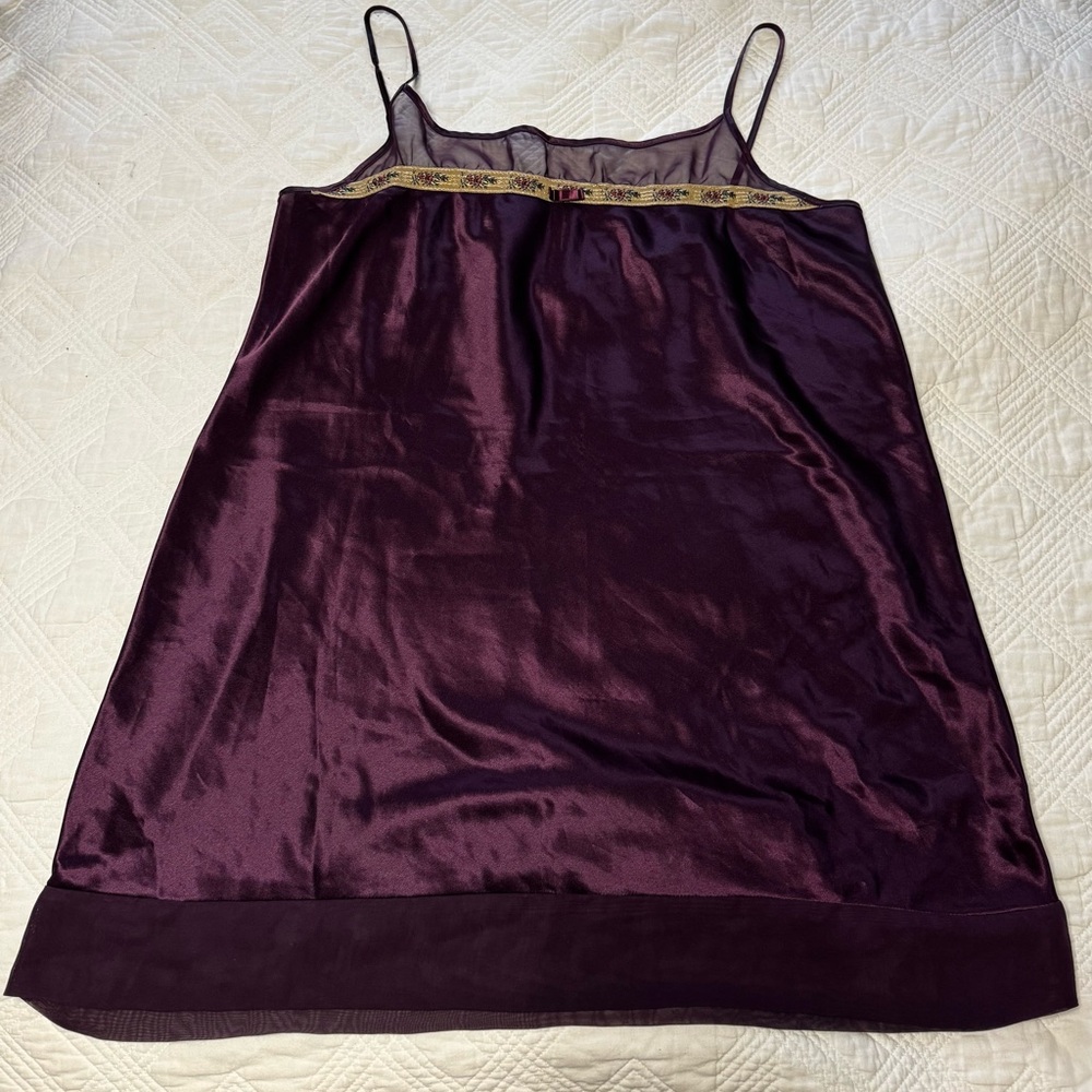 Delicates Y2K Plum Satin Chemise Slip Dress with Gold Trim Sz Lg or XL 42” Bust